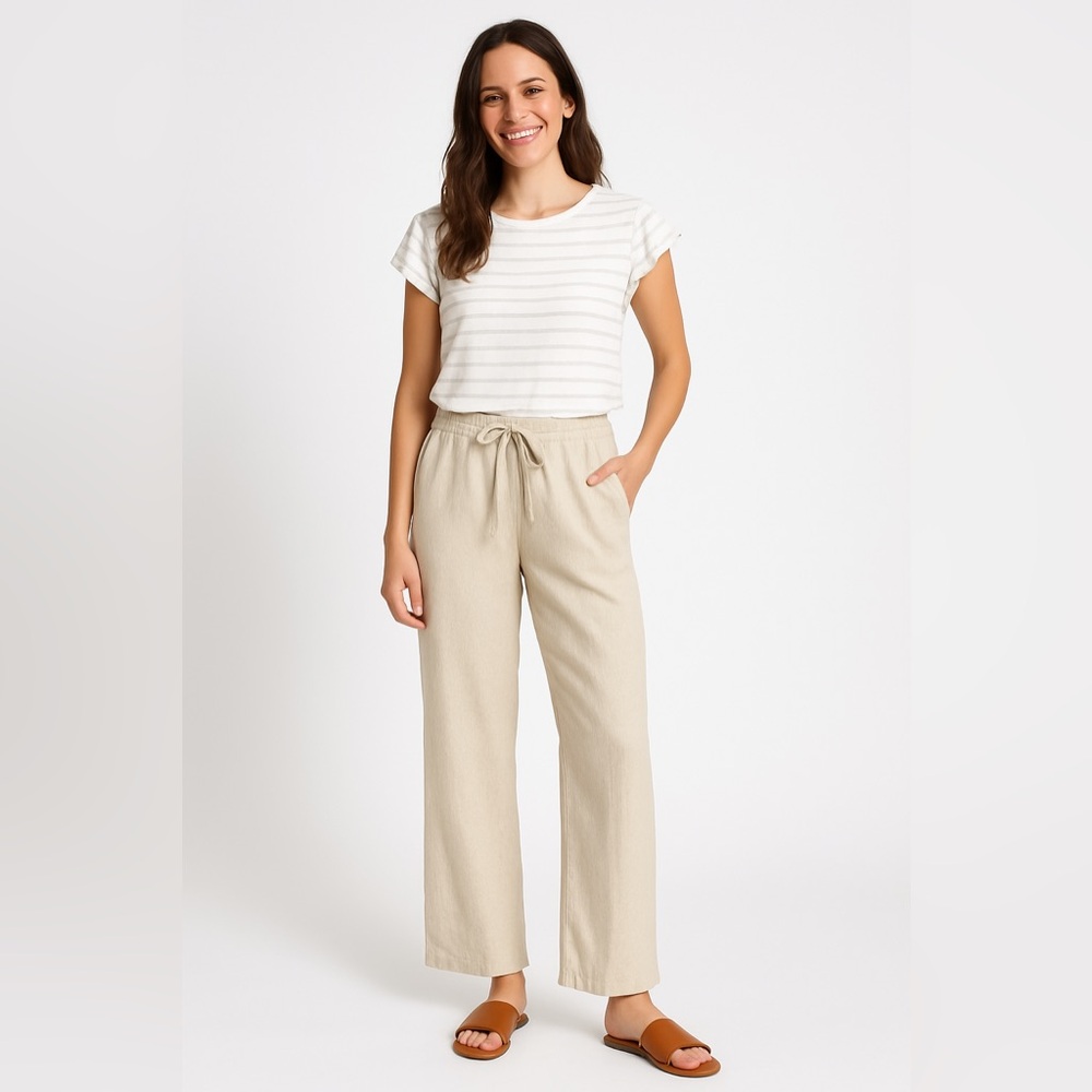 Brandini Khaki 100% Linen Straight Wide Leg Tie Waist Stretch Pants Sz XL NWT